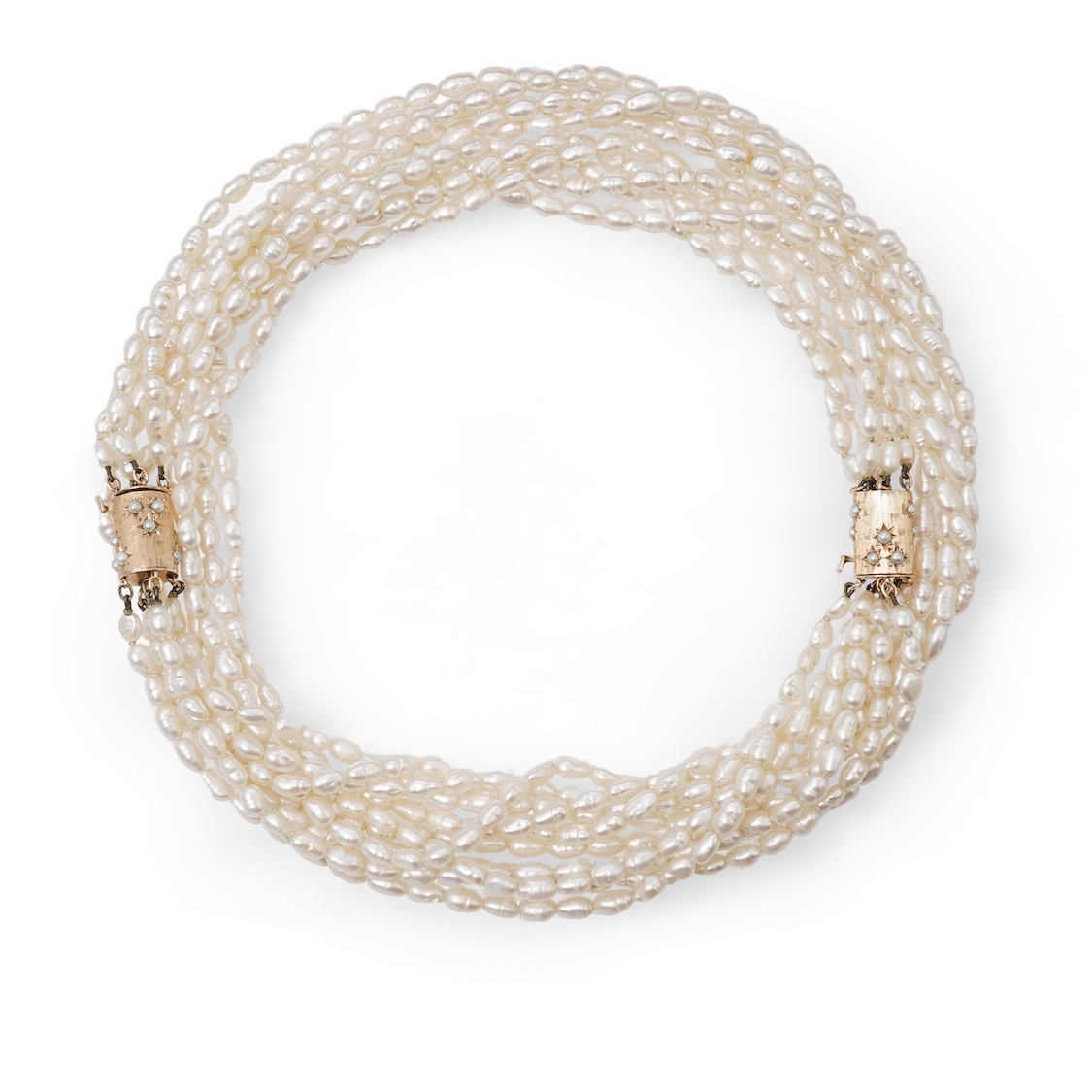A cultured pearl and gold demi-parure, comprising a bracelet and necklace, each of torsade design, to gold barrel clasps with engraved details, set with split cultured pearls, bracelet length 19cm,necklace length 63cm, c